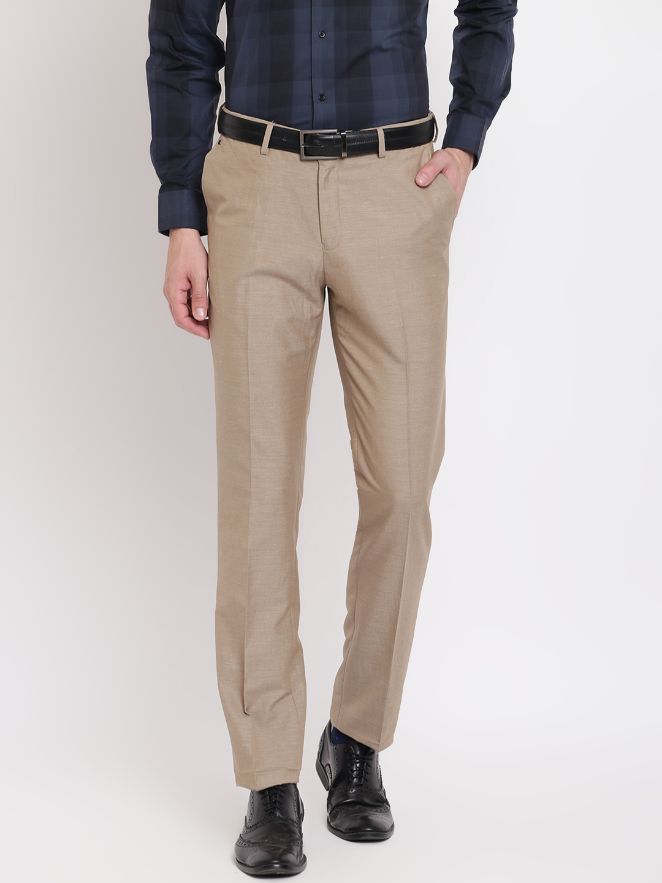 Men Beige Regular Fit Solid Formal Trousers