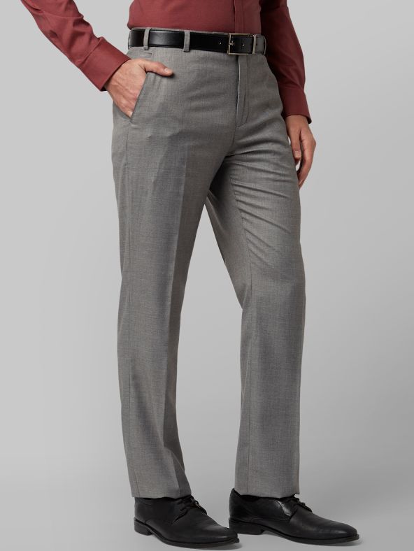 Men Grey Regular Fit Solid Formal Trousers