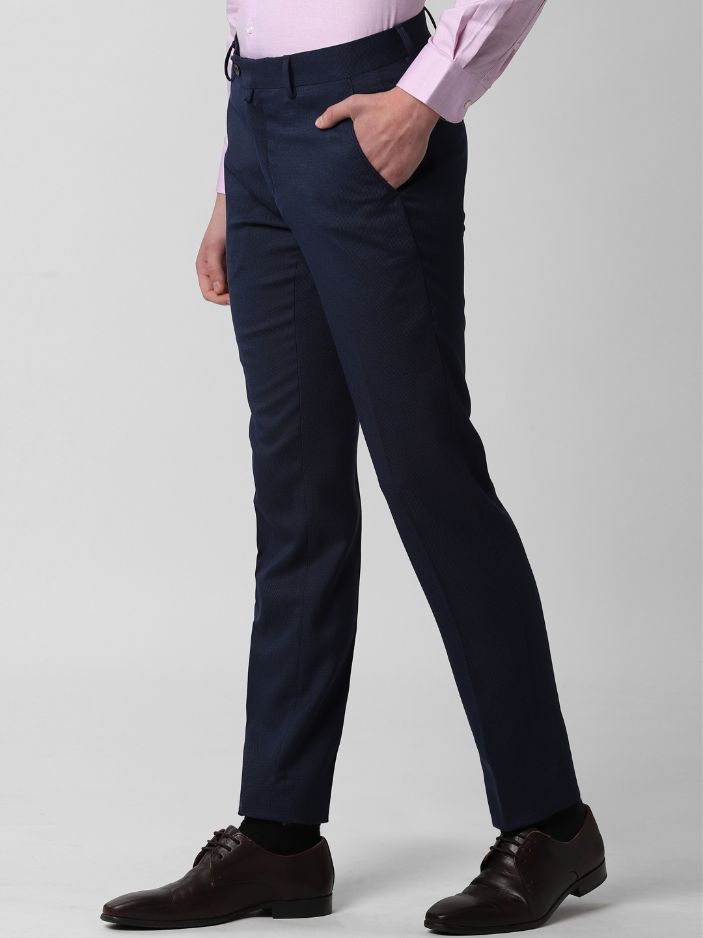 Men Navy Blue & Black Slim Fit Self Design Formal Trousers