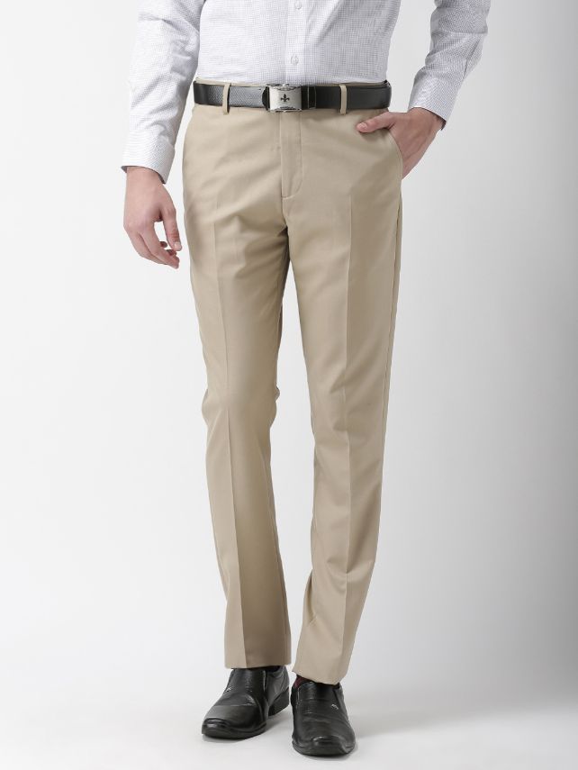 Men Khaki Tapered Fit Solid Formal Trousers