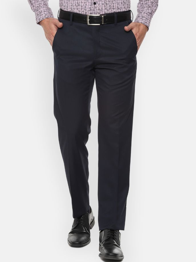 Men Navy Blue Regular Fit Solid Formal Trousers